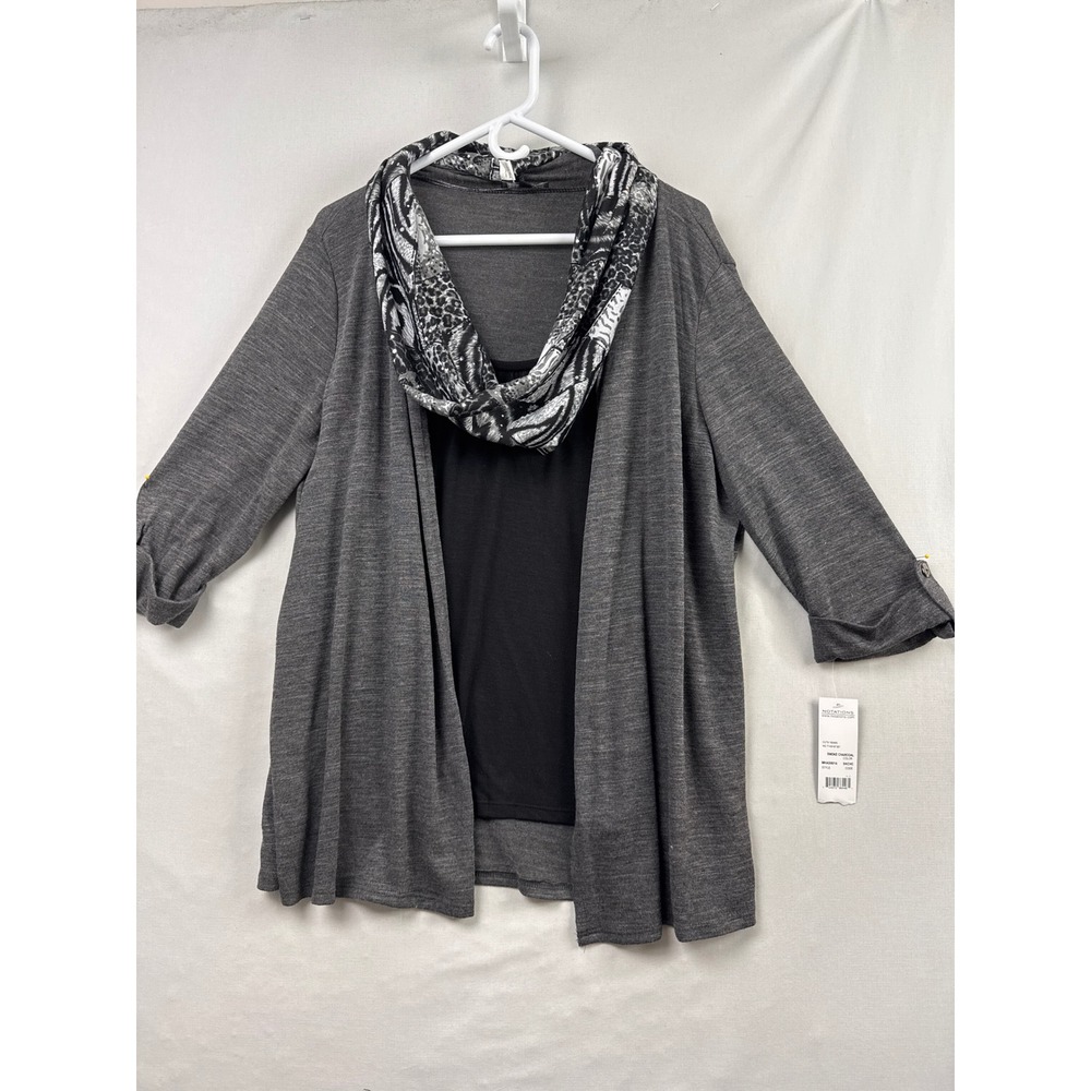 Notations Cardigan Set Womens XL Gray 3/4 Sleeve Sweater Animal Print Scarf